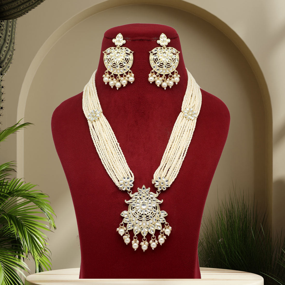 White Color Kundan Long Necklace Set (KN1219WHT) Necklaces GetGlit   