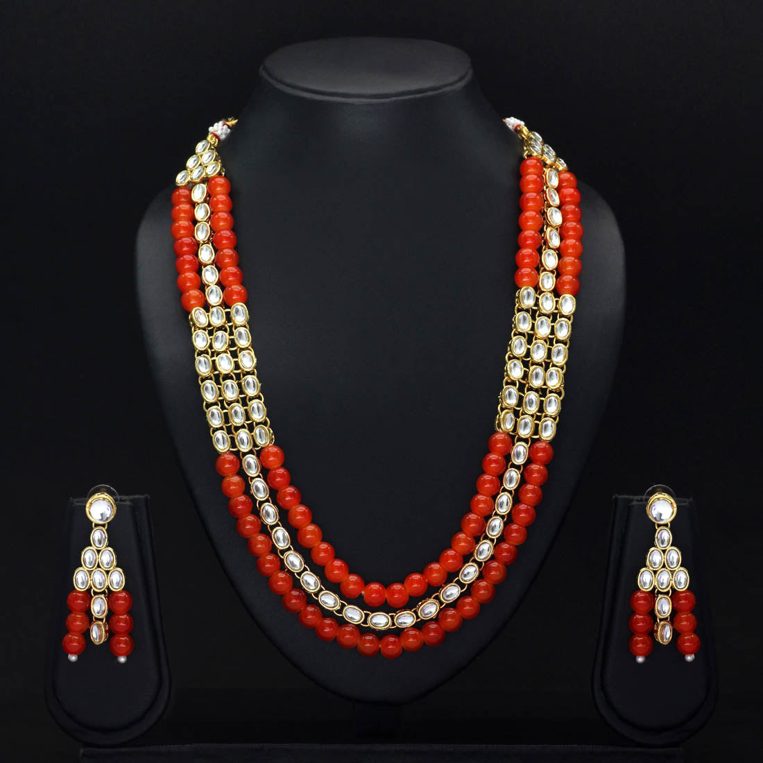 Orange Color Kundan Necklace Set Jewellery GetGlit