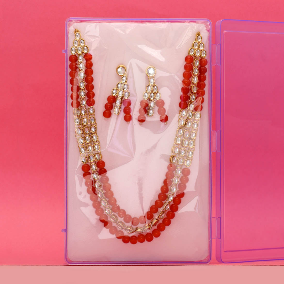 Orange Color Kundan Necklace Set Jewellery GetGlit