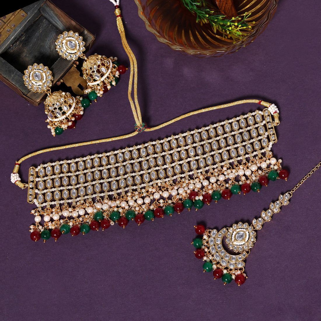 Maroon & Green Color Choker Kundan Necklace Set (KN1304MG) Jewellery GetGlit   