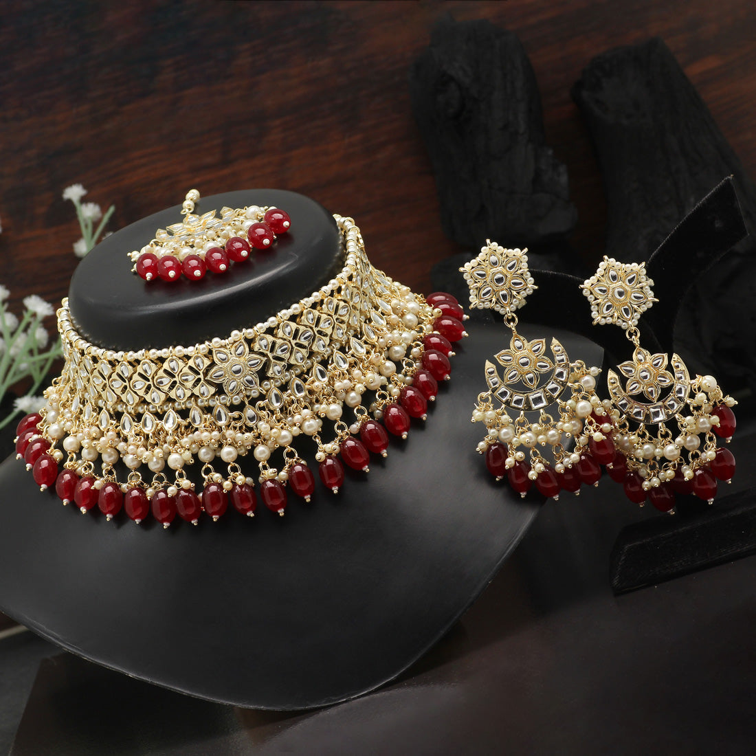 Maroon Color Choker Kundan Necklace Set (KN1305MRN) Necklaces GetGlit   