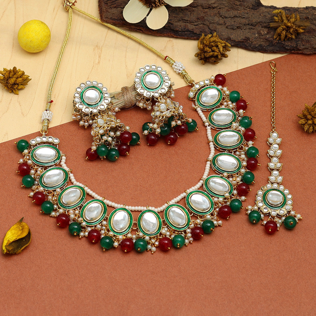 Maroon & Green Color Kundan Necklace Set (KN1308MG) Jewellery GetGlit   