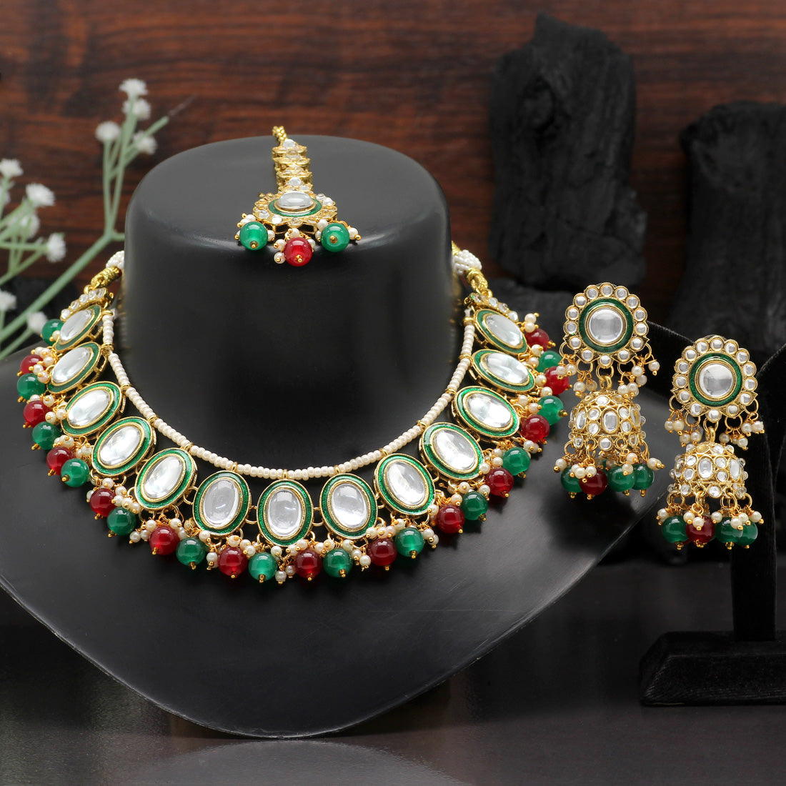 Maroon & Green Color Kundan Necklace Set (KN1308MG) Jewellery GetGlit   