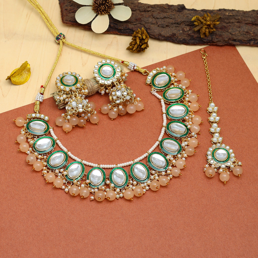 Peach Color Kundan Necklace Set (KN1308PCH) Jewellery GetGlit   