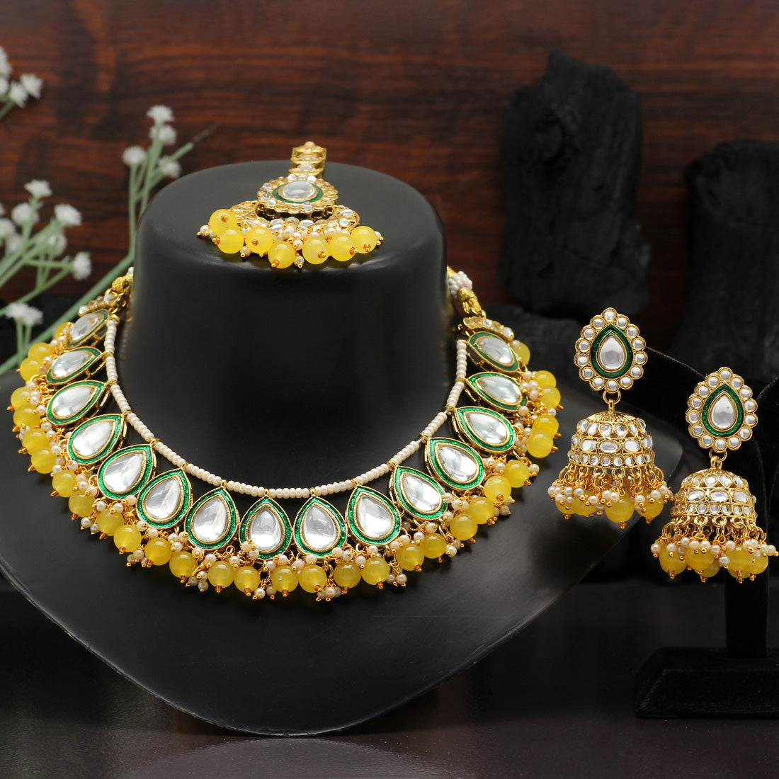 Yellow Color Kundan Necklace Set (KN1309YLW) Necklaces GetGlit   