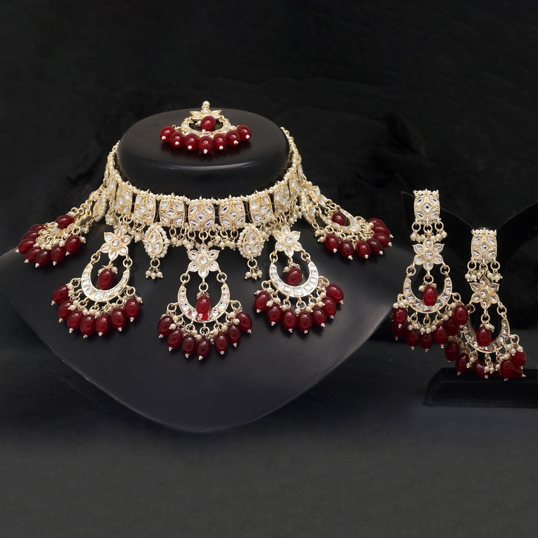 Maroon Color Choker Kundan Necklace Set (KN1311MRN) Necklaces GetGlit   