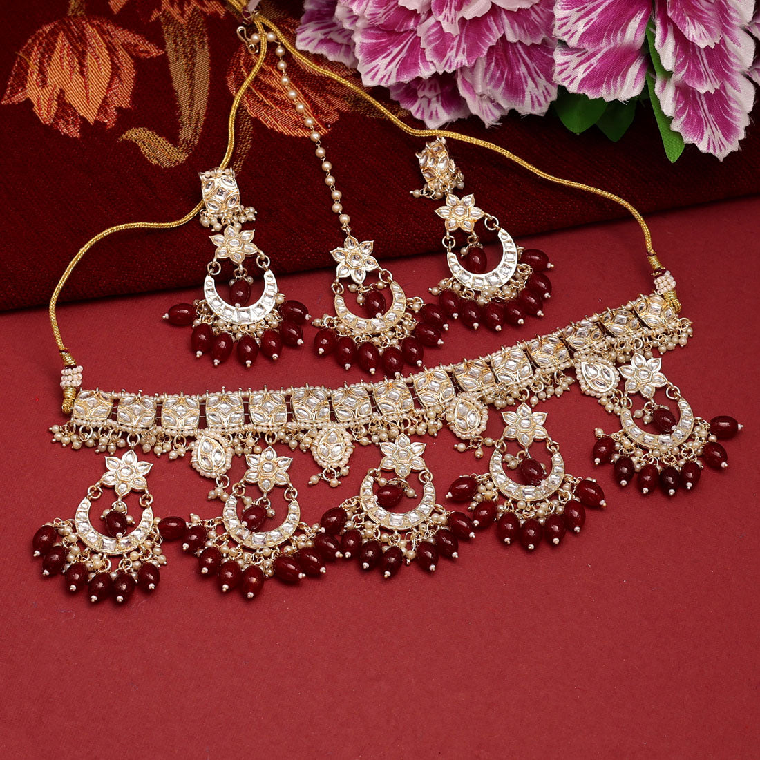 Maroon Color Choker Kundan Necklace Set (KN1311MRN) Jewellery GetGlit   