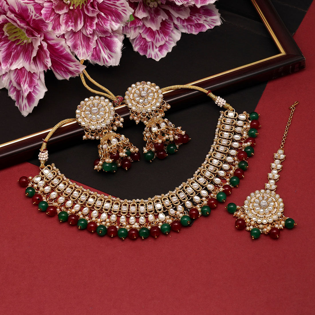 Maroon & Green Color Choker Kundan Necklace Set (KN1312MG) Jewellery GetGlit