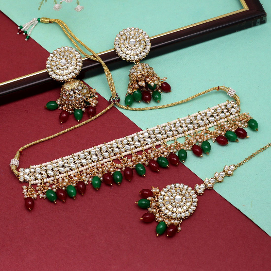 Maroon & Green Color Choker Kundan Necklace Set (KN1314MG) Jewellery GetGlit   