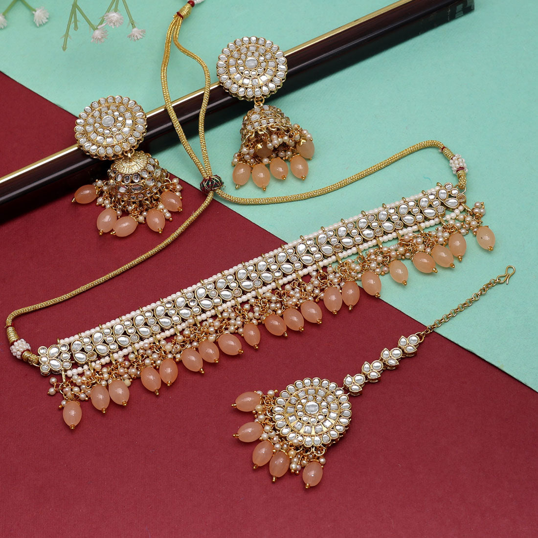 Peach Color Choker Kundan Necklace Set (KN1314PCH) Jewellery GetGlit