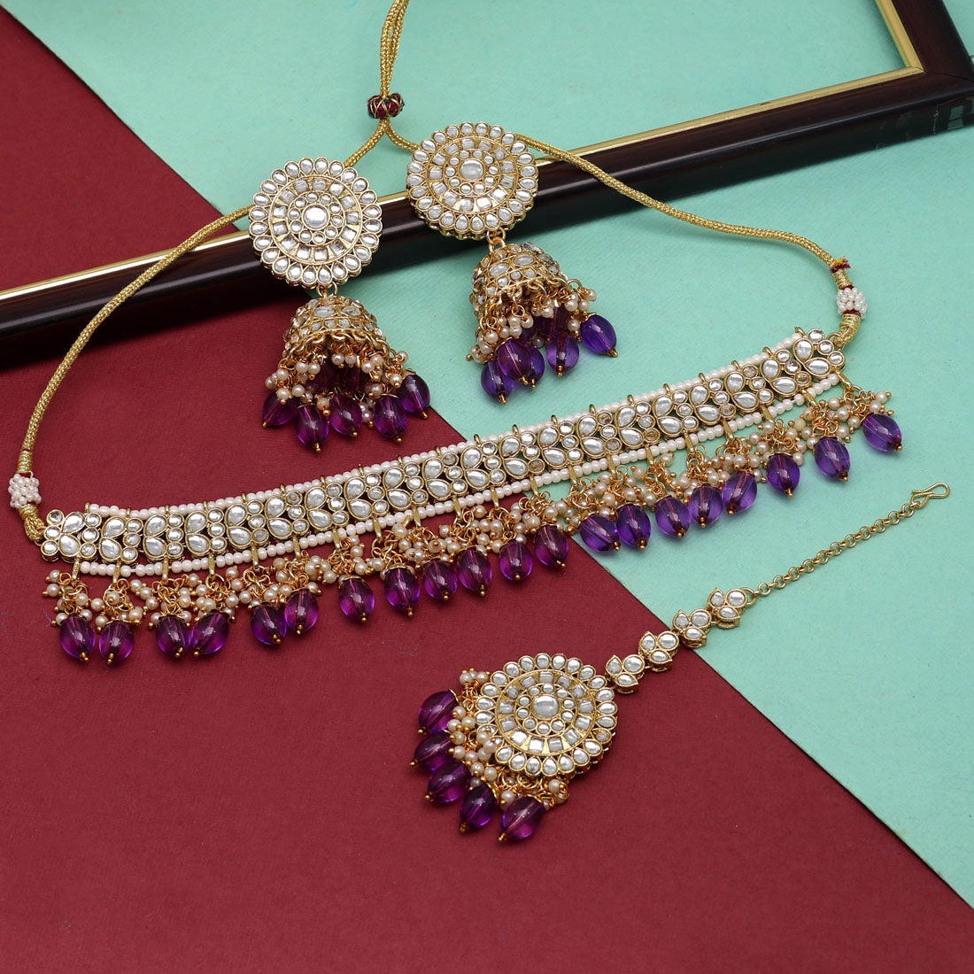 Purple Color Choker Kundan Necklace Set (KN1314PRP) Jewellery GetGlit   