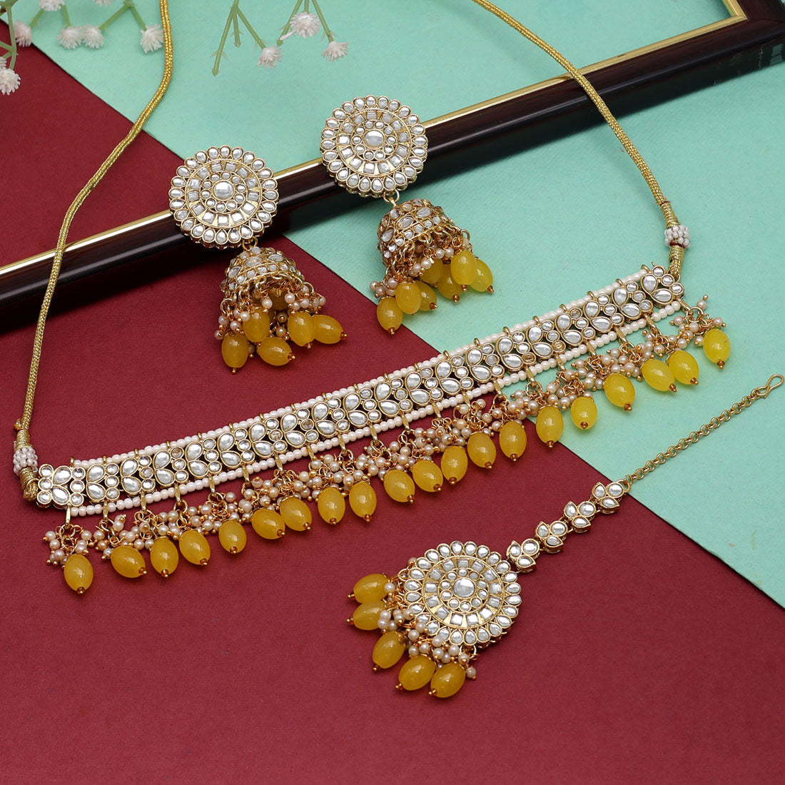 Yellow Color Choker Kundan Necklace Set (KN1314YLW) Jewellery GetGlit