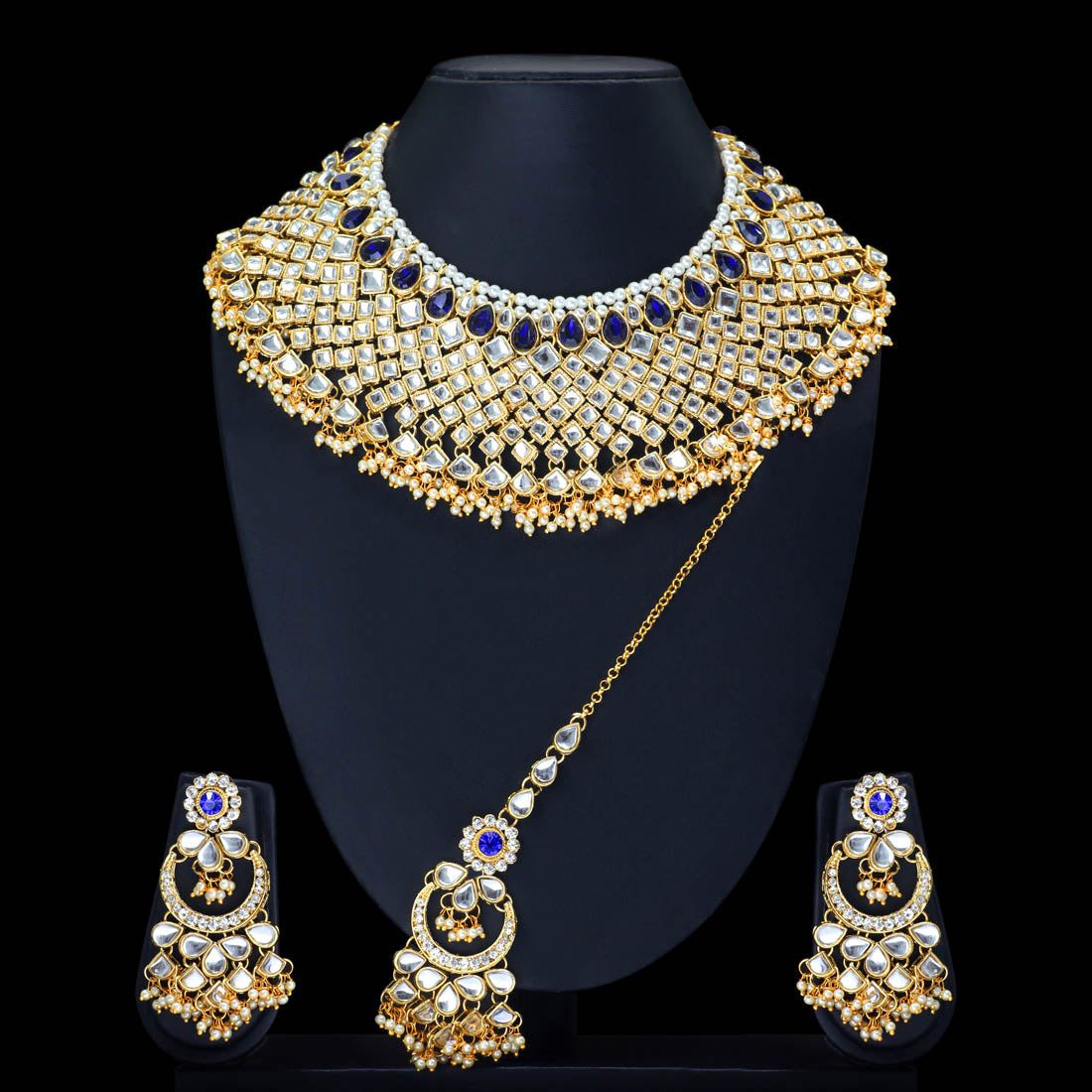 Blue Color Kundan Necklace With Earring & Maang Tikka