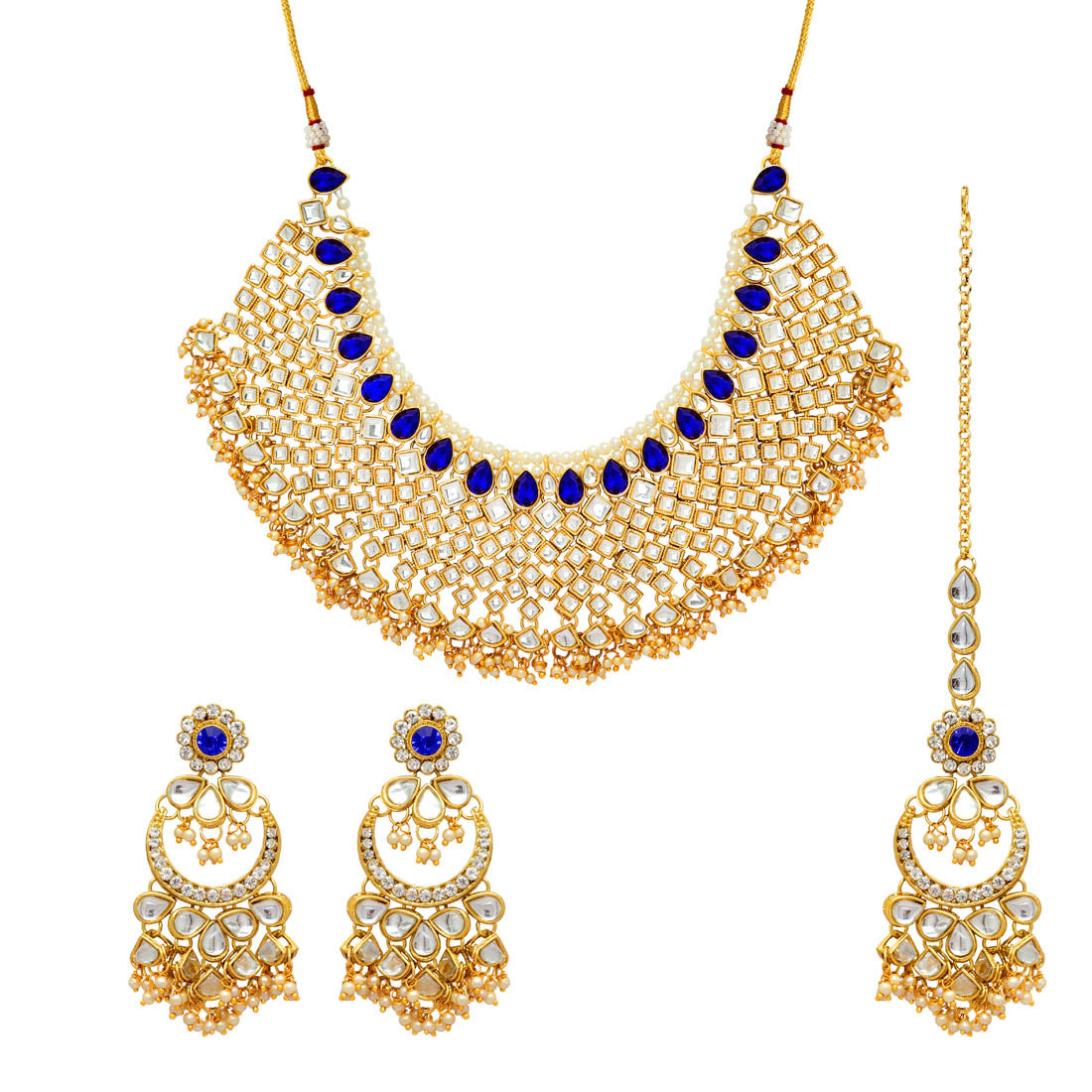 Blue Color Kundan Necklace With Earring & Maang Tikka