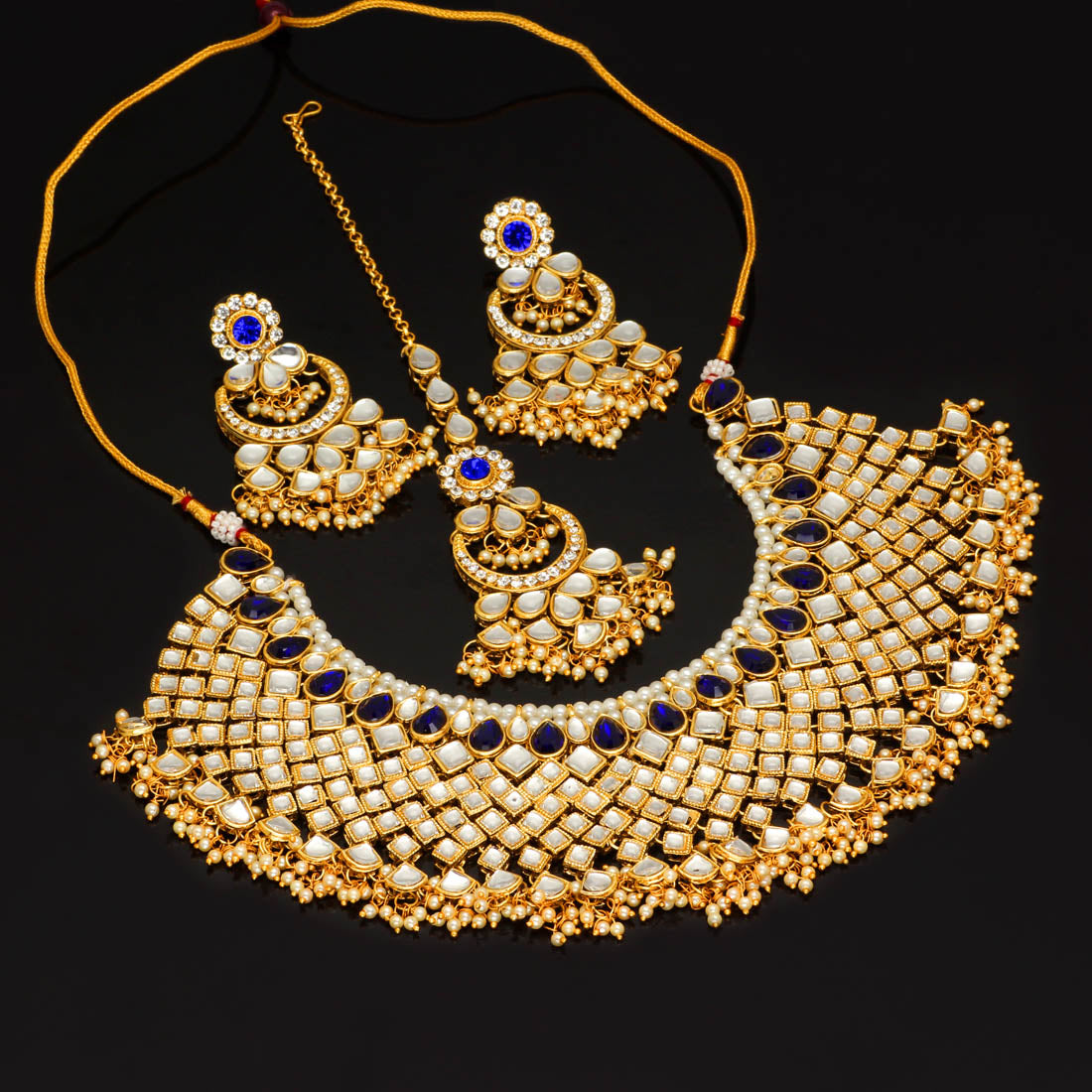 Blue Color Kundan Necklace With Earring & Maang Tikka Jewellery GetGlit