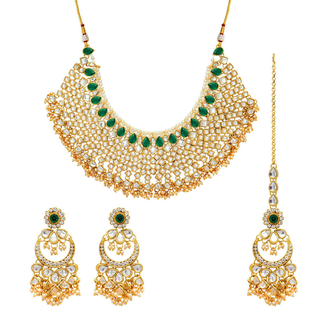 Green Color Kundan Necklace With Earring & Maang Tikka Jewellery GetGlit