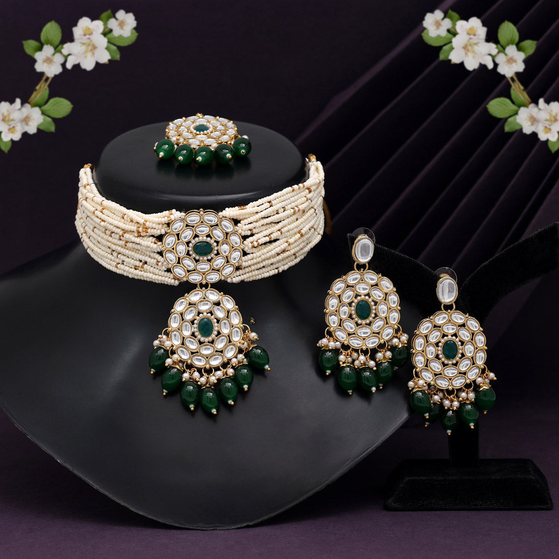 Green Color Choker Kundan Necklace Set (KN1343GRN) Jewellery GetGlit   