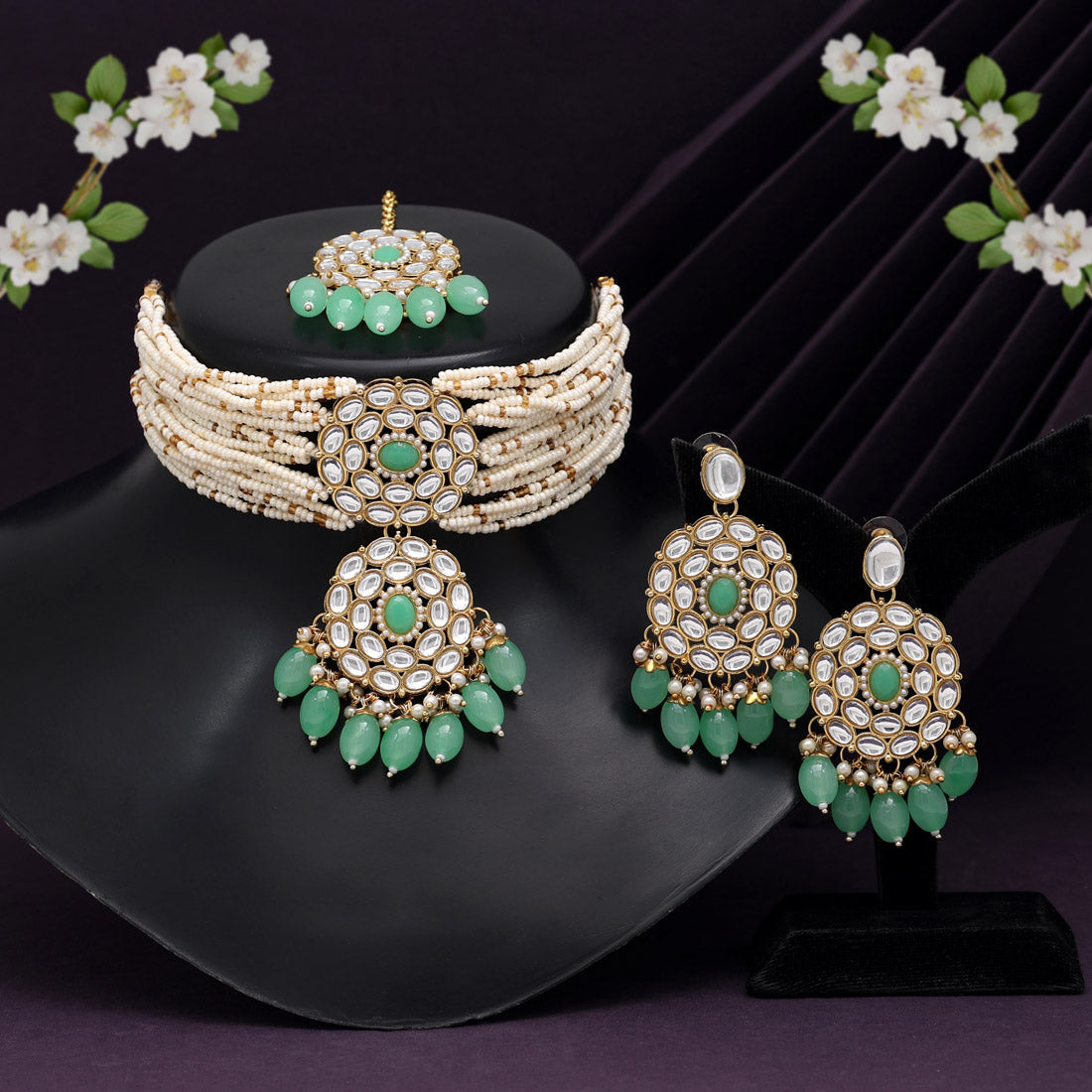 Parrot Green Color Choker Kundan Necklace Set Jewellery GetGlit