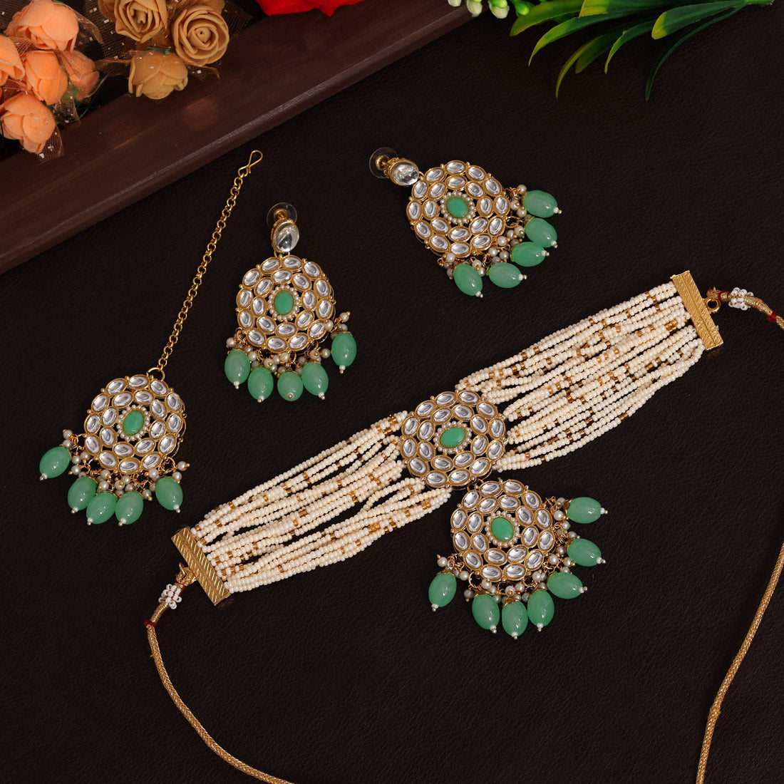 Parrot Green Color Choker Kundan Necklace Set (KN1343PGRN) Jewellery GetGlit   