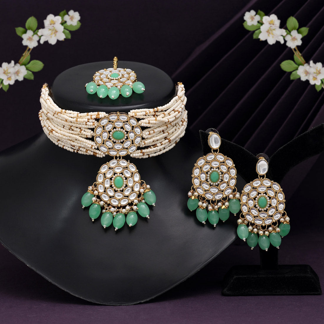 Parrot Green Color Choker Kundan Necklace Set (KN1343PGRN) Jewellery GetGlit   