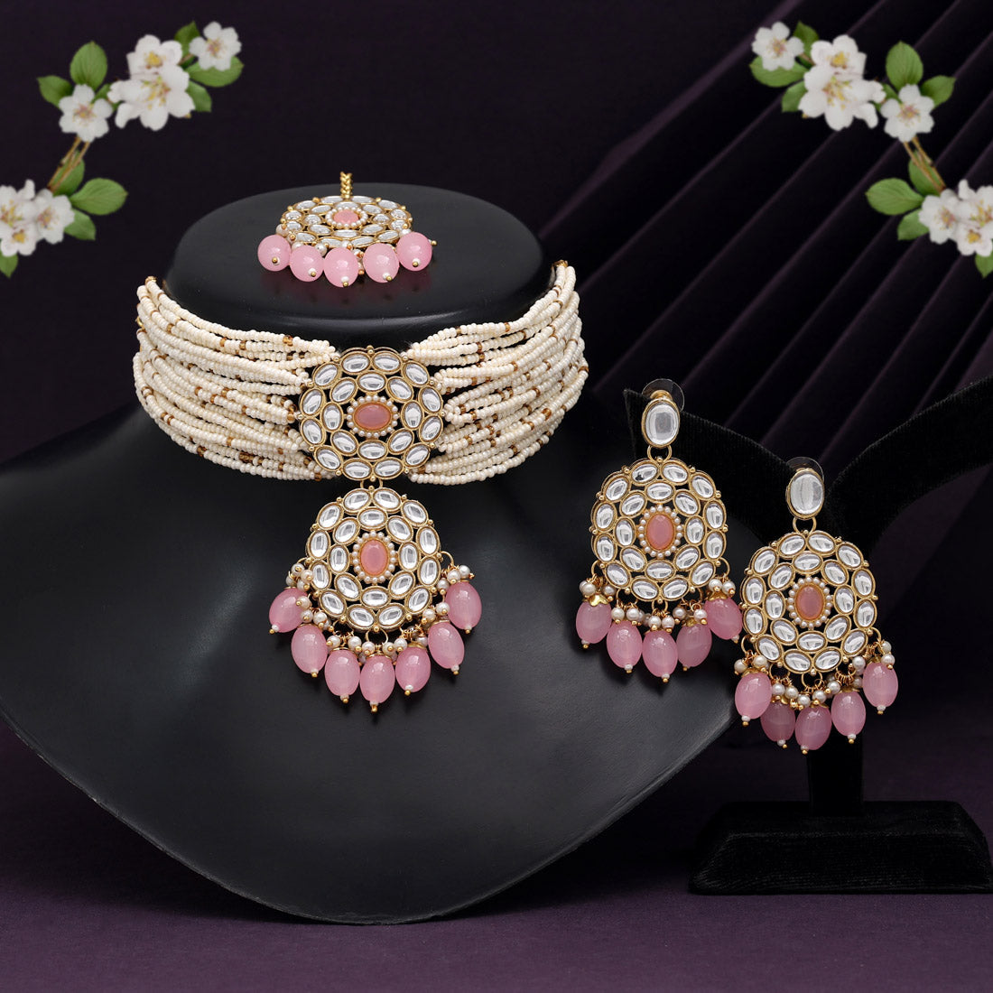 Pink Color Choker Kundan Necklace Set (KN1343PNK) Jewellery GetGlit