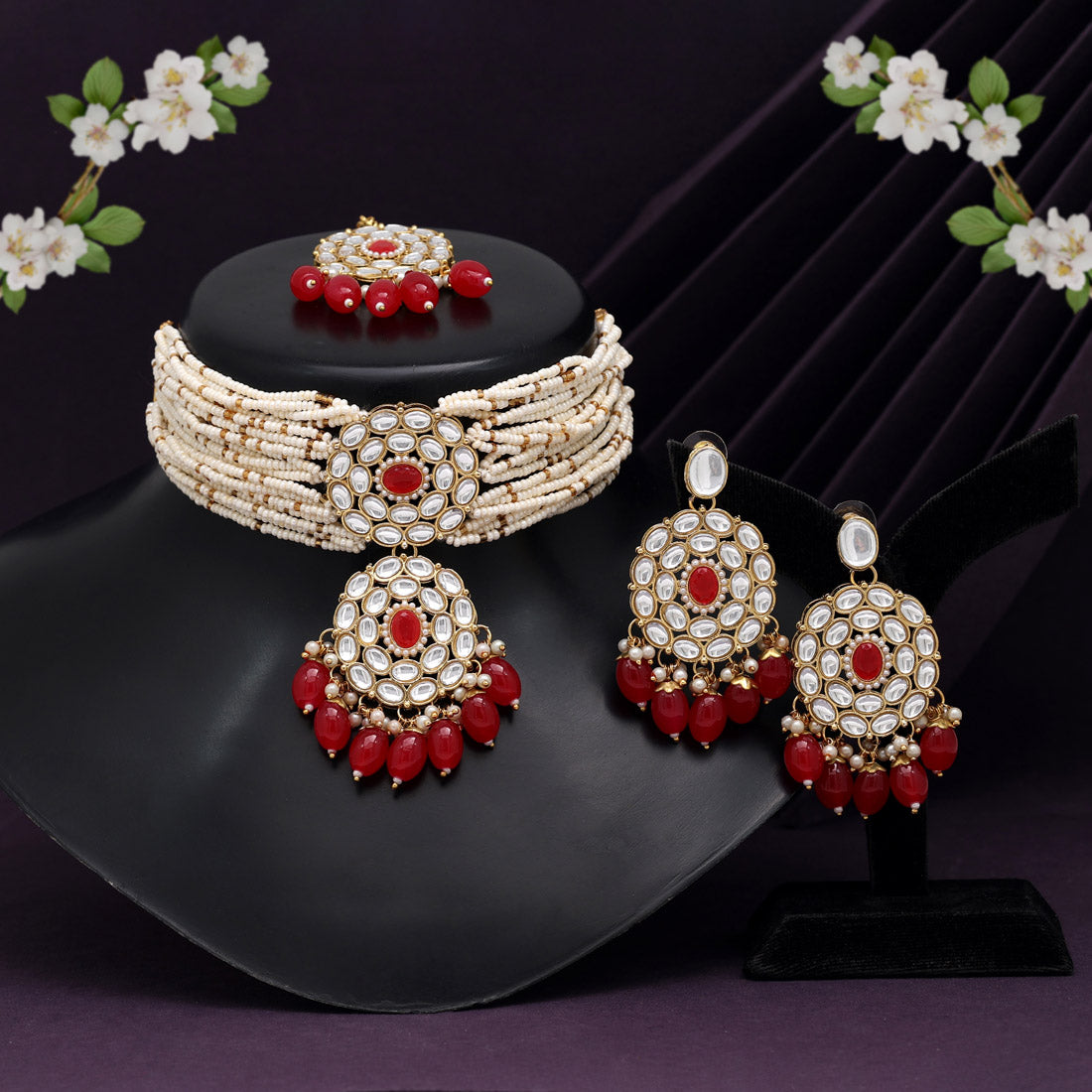 Red Color Choker Kundan Necklace Set Jewellery GetGlit