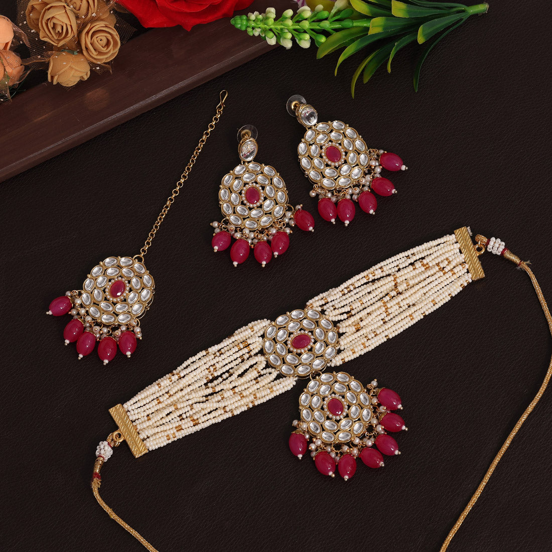 Rani Color Choker Kundan Necklace Set (KN1343RNI) Jewellery GetGlit   