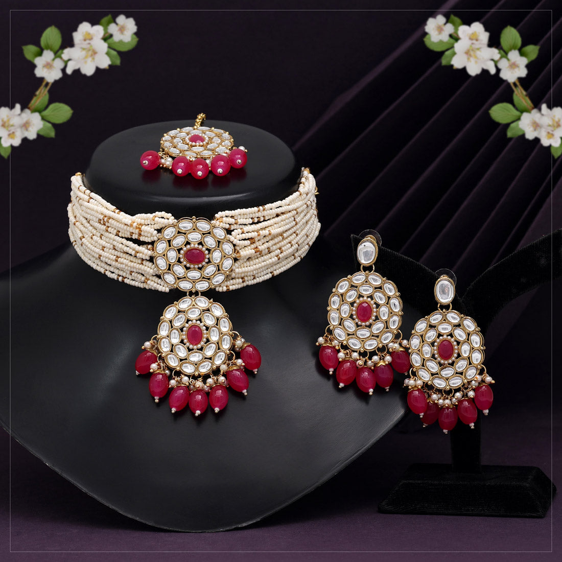 Rani Color Choker Kundan Necklace Set (KN1343RNI) Jewellery GetGlit   