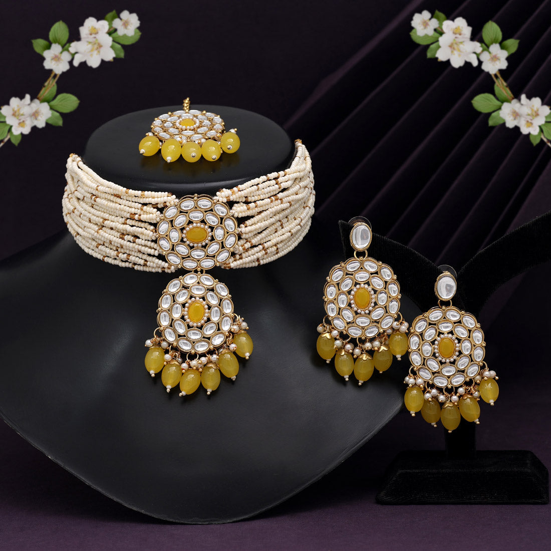 Yellow Color Choker Kundan Necklace Set (KN1343YLW) Jewellery GetGlit