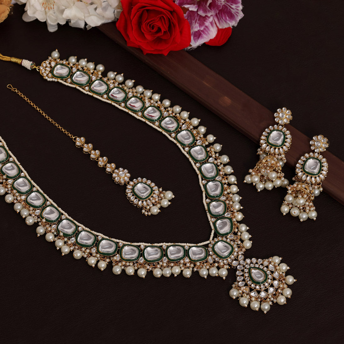 Green Color Long Kundan Necklace Set Jewellery GetGlit