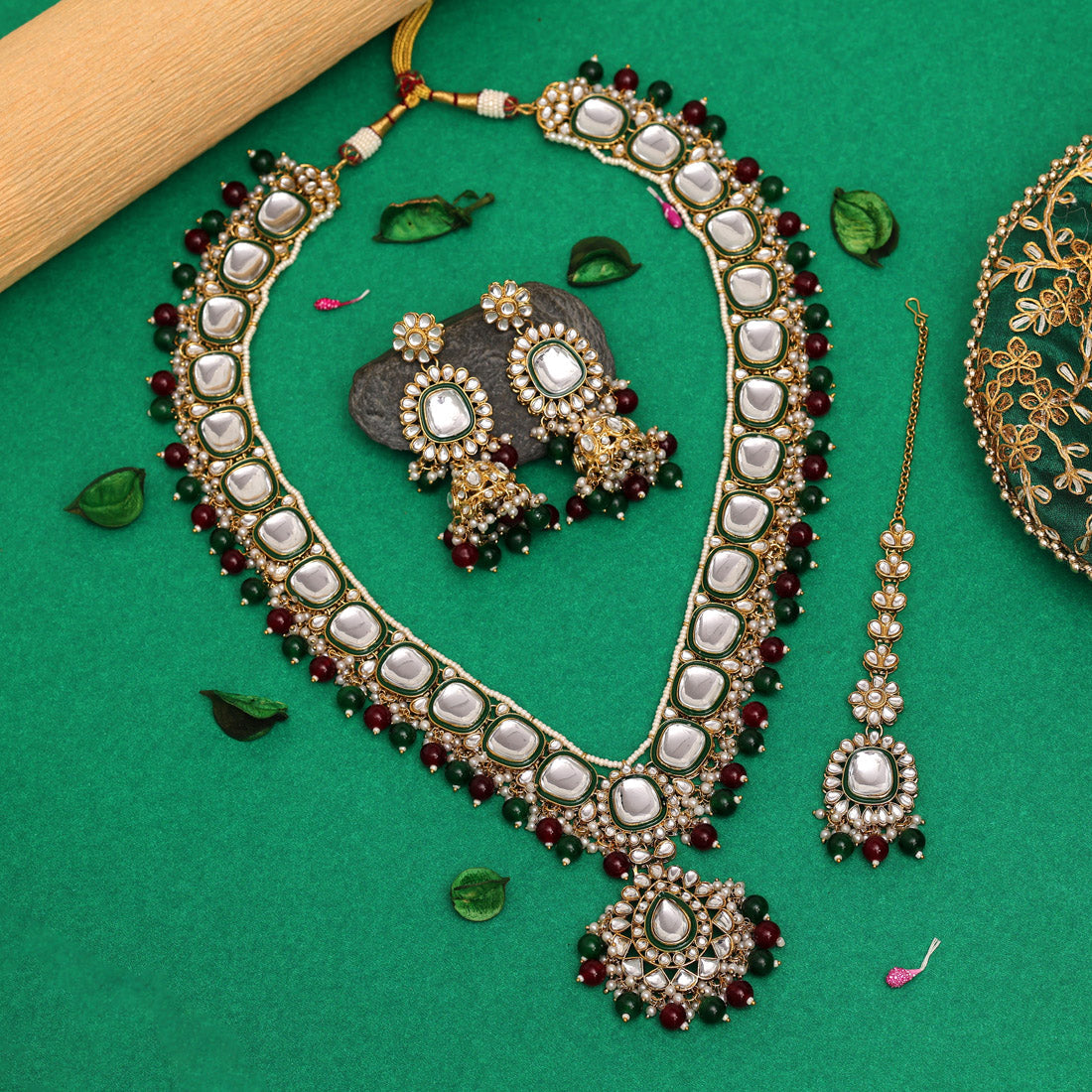 Maroon & Green Color Long Kundan Necklace Set Jewellery GetGlit