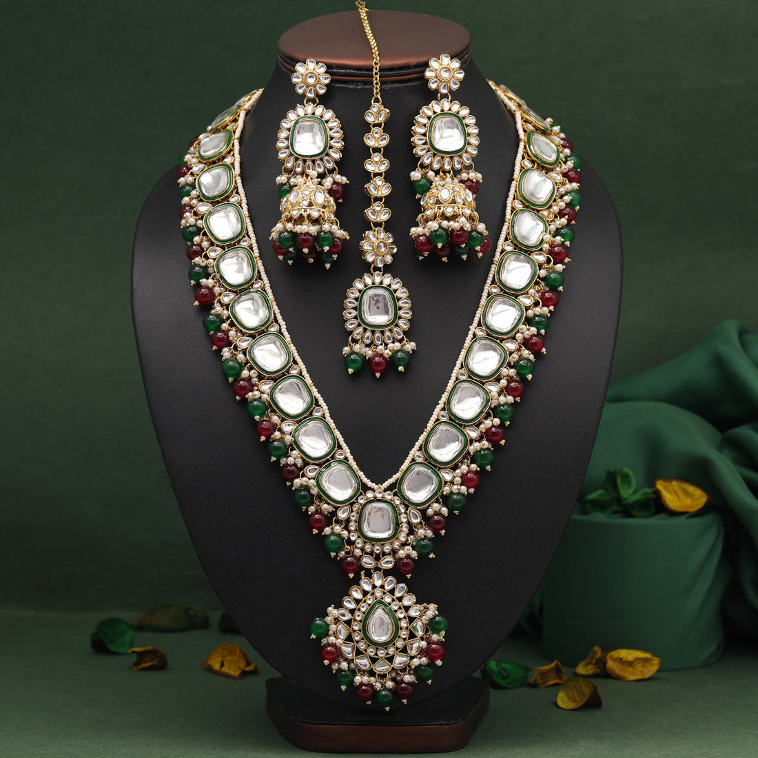 Maroon & Green Color Long Kundan Necklace Set Jewellery GetGlit