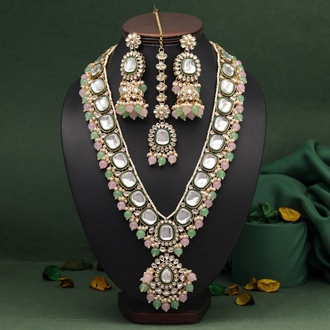 Pink & Parrot Green Color Long Kundan Necklace Set (KN1344PNKPGRN) Necklaces GetGlit   