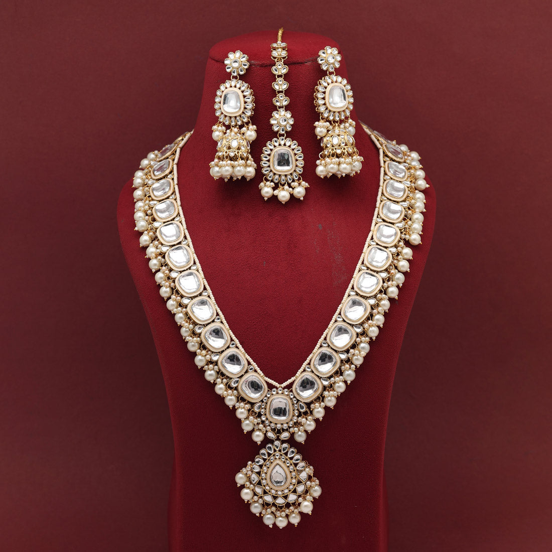 White Color Long Kundan Necklace Set