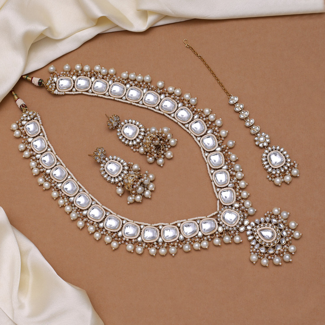 White Color Long Kundan Necklace Set Jewellery GetGlit