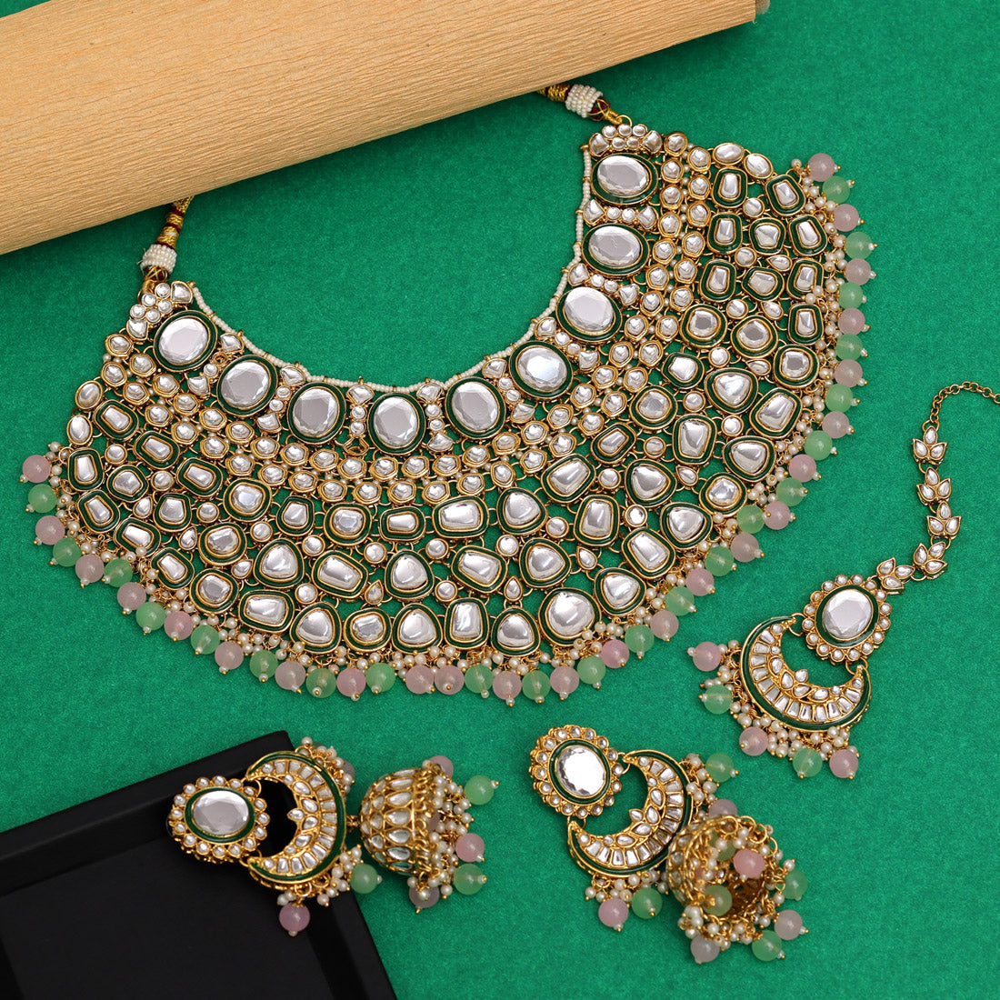 Pink & Parrot Green Color Kundan Necklace Set (KN1345PNKPGRN) Jewellery GetGlit