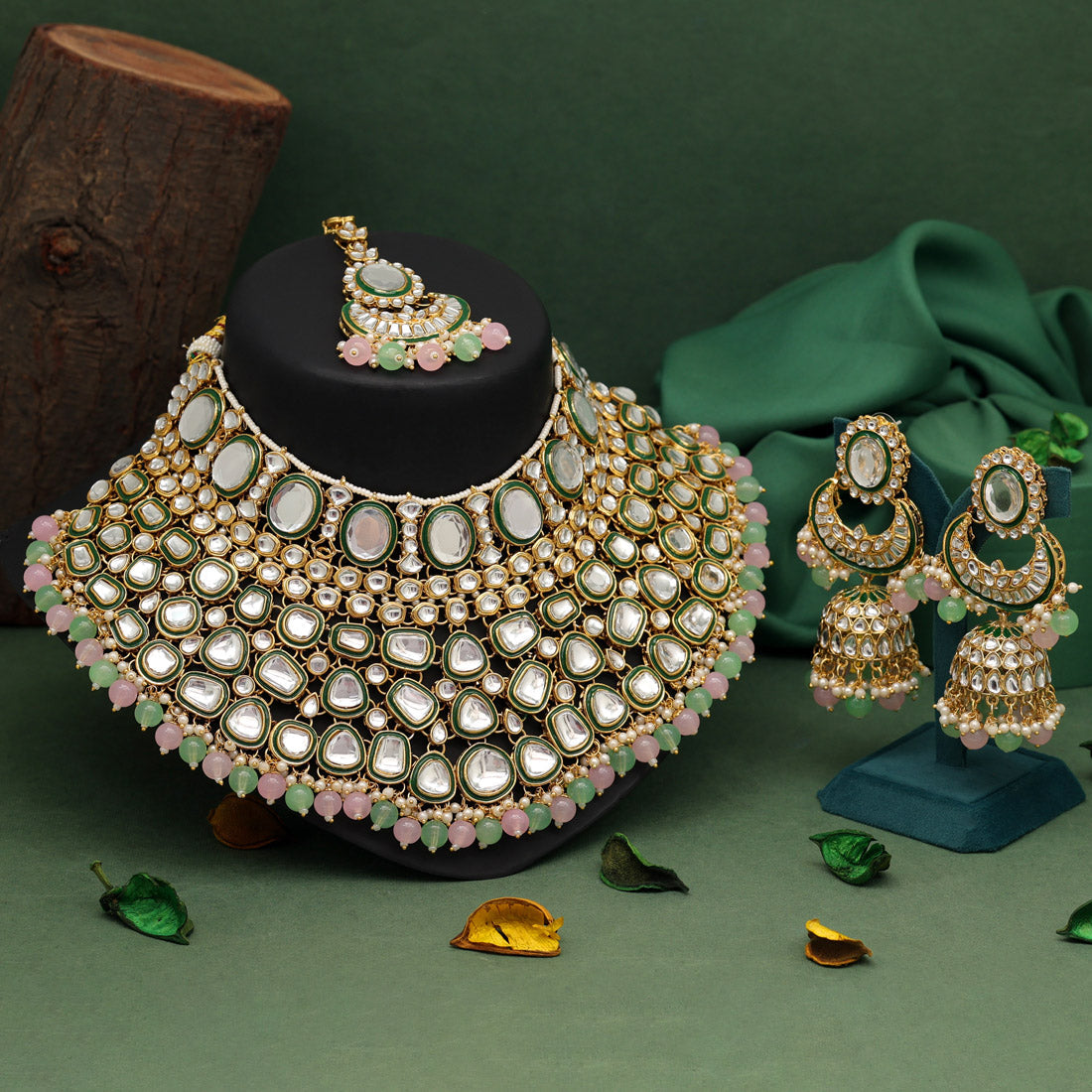 Pink & Parrot Green Color Kundan Necklace Set Jewellery GetGlit