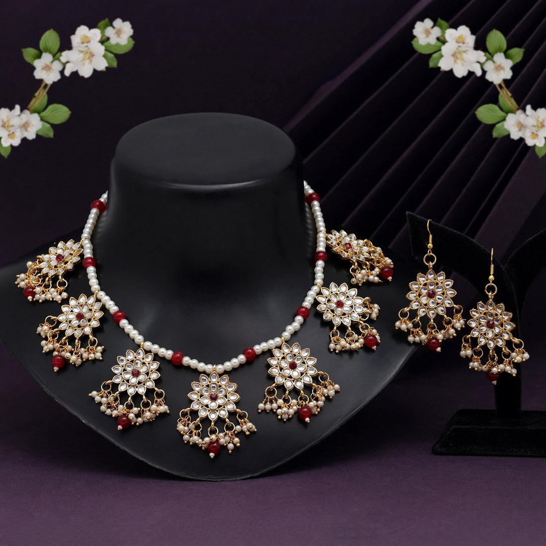 Maroon Color Kundan Necklace Set (KN1346MRN) Jewellery GetGlit   