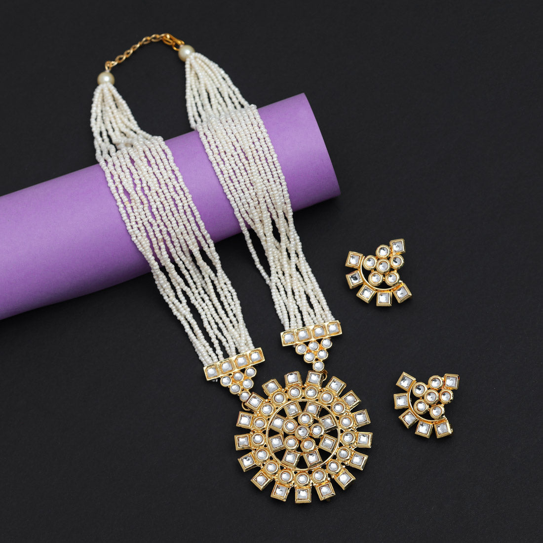 White Color Long Kundan Necklace Set (KN1348WHT) Jewellery GetGlit   