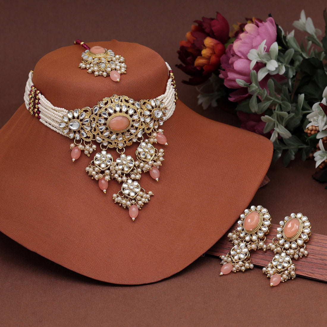 Peach Color Choker Kundan Necklace Set (KN1356PCH)