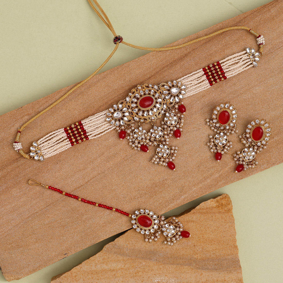 Red Color Choker Kundan Necklace Set (KN1356RED)