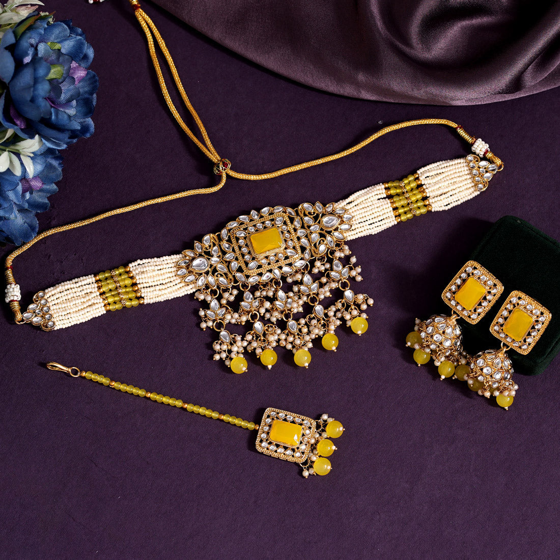 Yellow Color Choker Kundan Necklace Set (KN1357YLW) Jewelry GlitStudio   