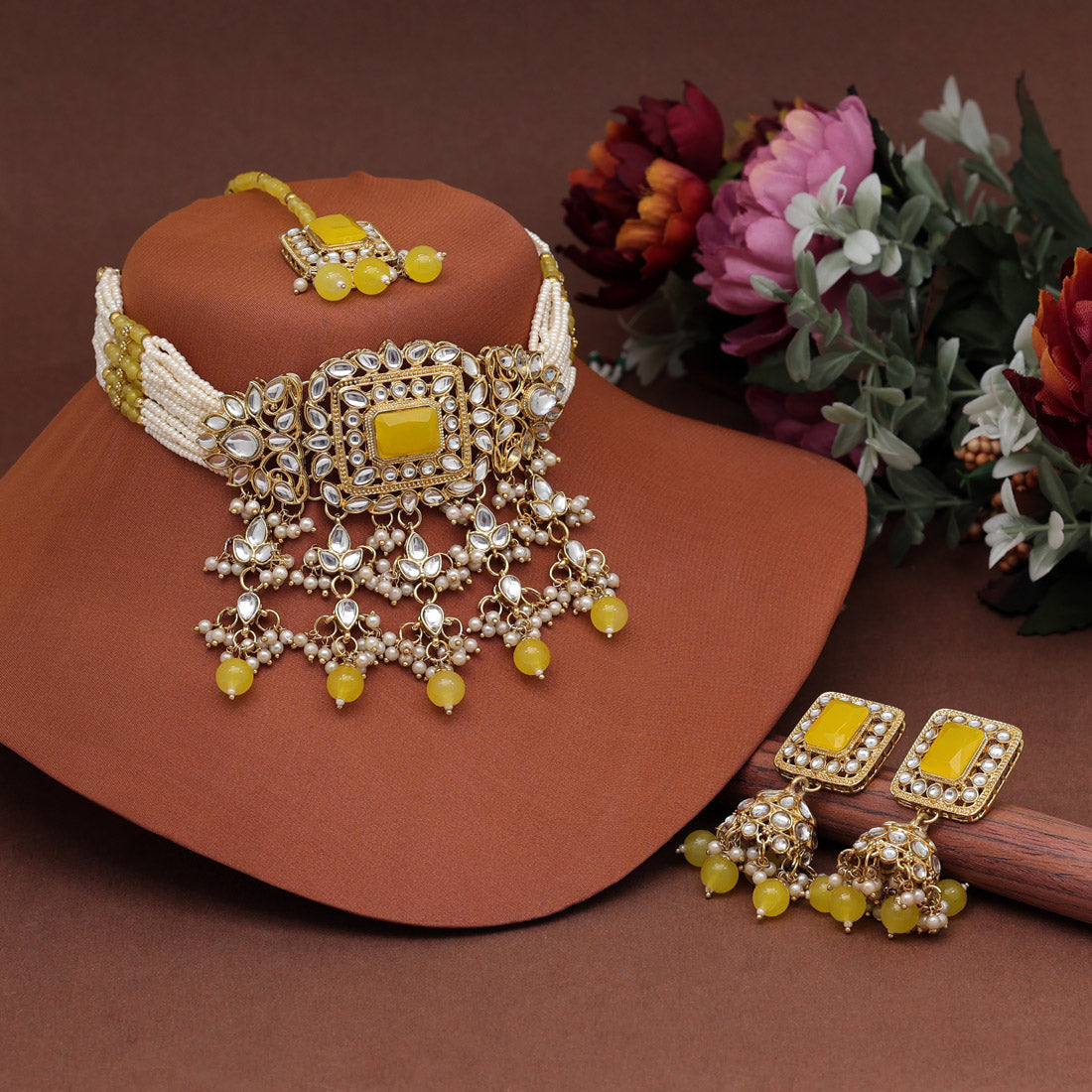 Yellow Color Choker Kundan Necklace Set (KN1357YLW) Jewelry GlitStudio   