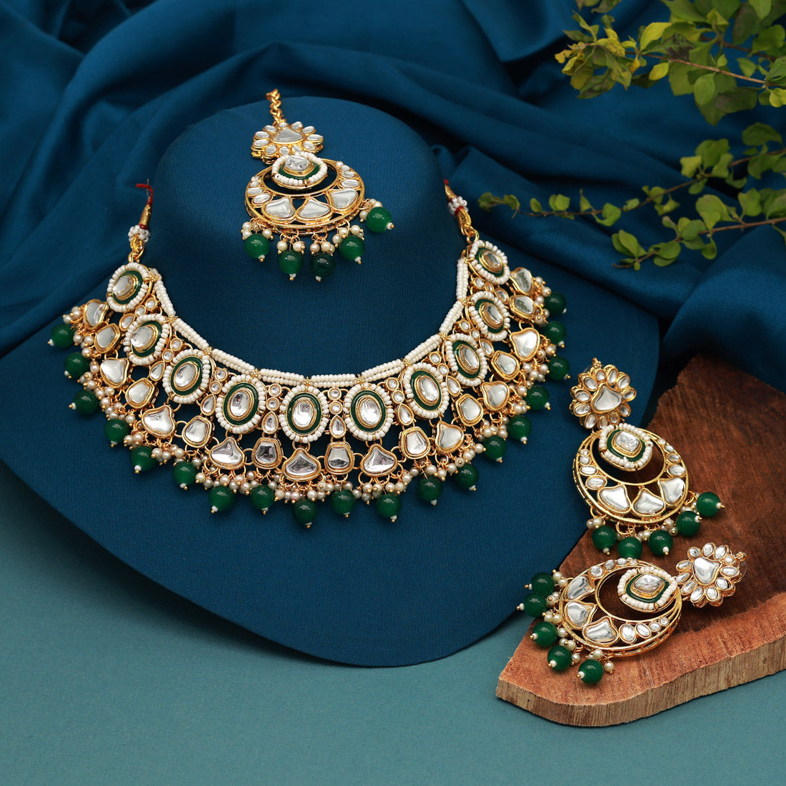 Green Color Kundan Necklace Set (KN1363GRN) Jewellery GetGlit   