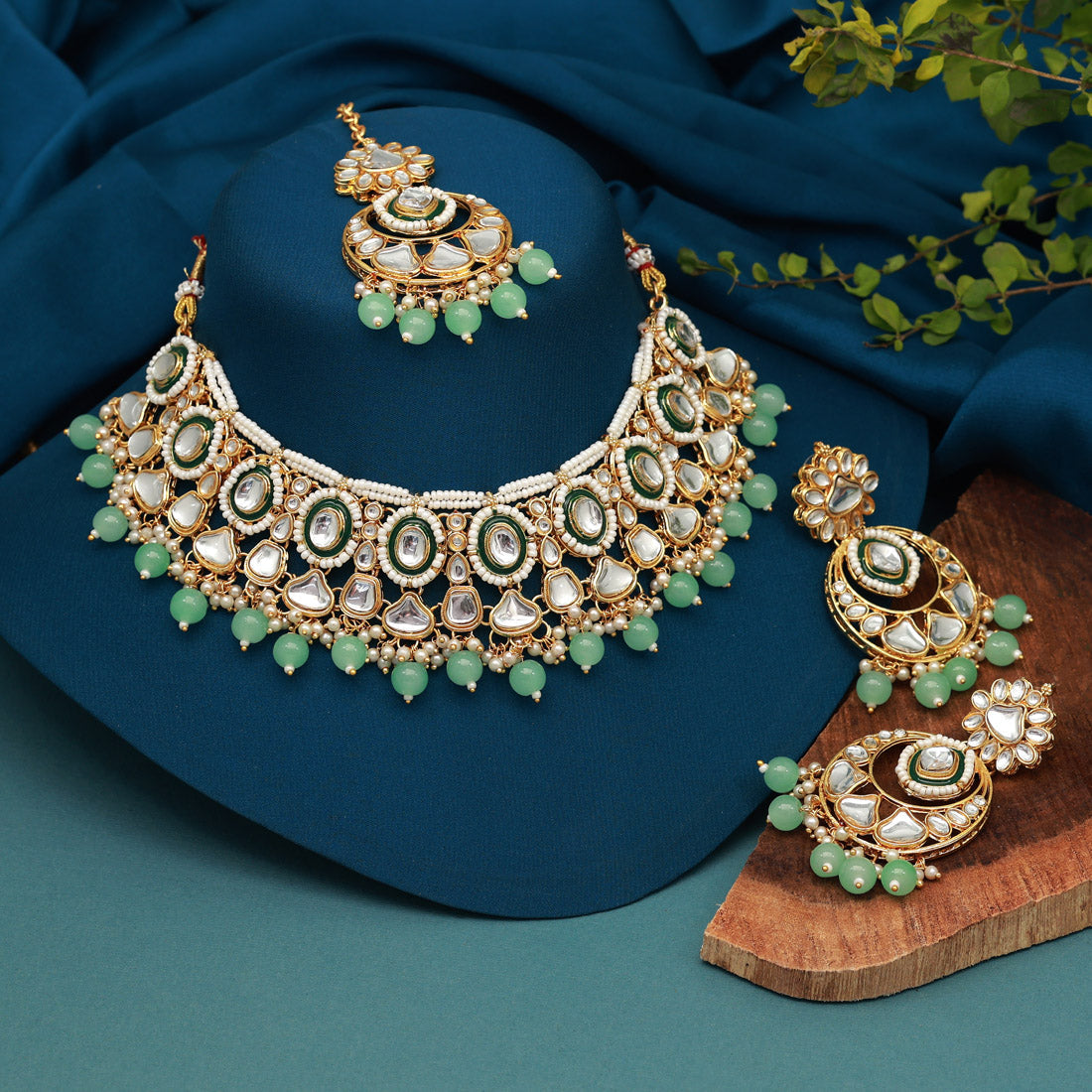 Pista Green Color Kundan Necklace Set (KN1363PGRN) Jewellery GetGlit   