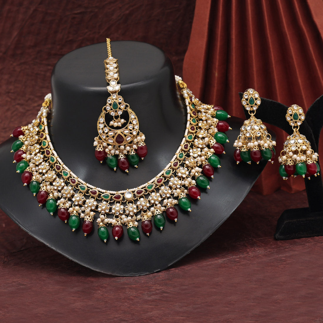 Maroon & Green Color Kundan Necklace Set (KN1376MG) Jewellery GetGlit   