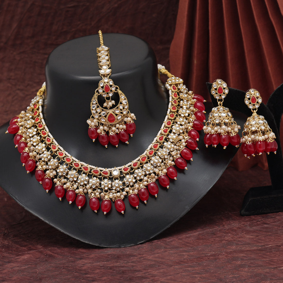 Red Color Kundan Necklace Set (KN1376RED) Jewellery GetGlit   