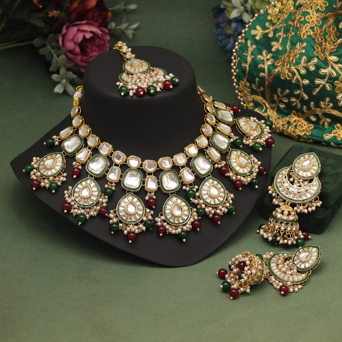 Maroon & Green Color Kundan Necklace Set (KN1377MG) Jewellery GetGlit   