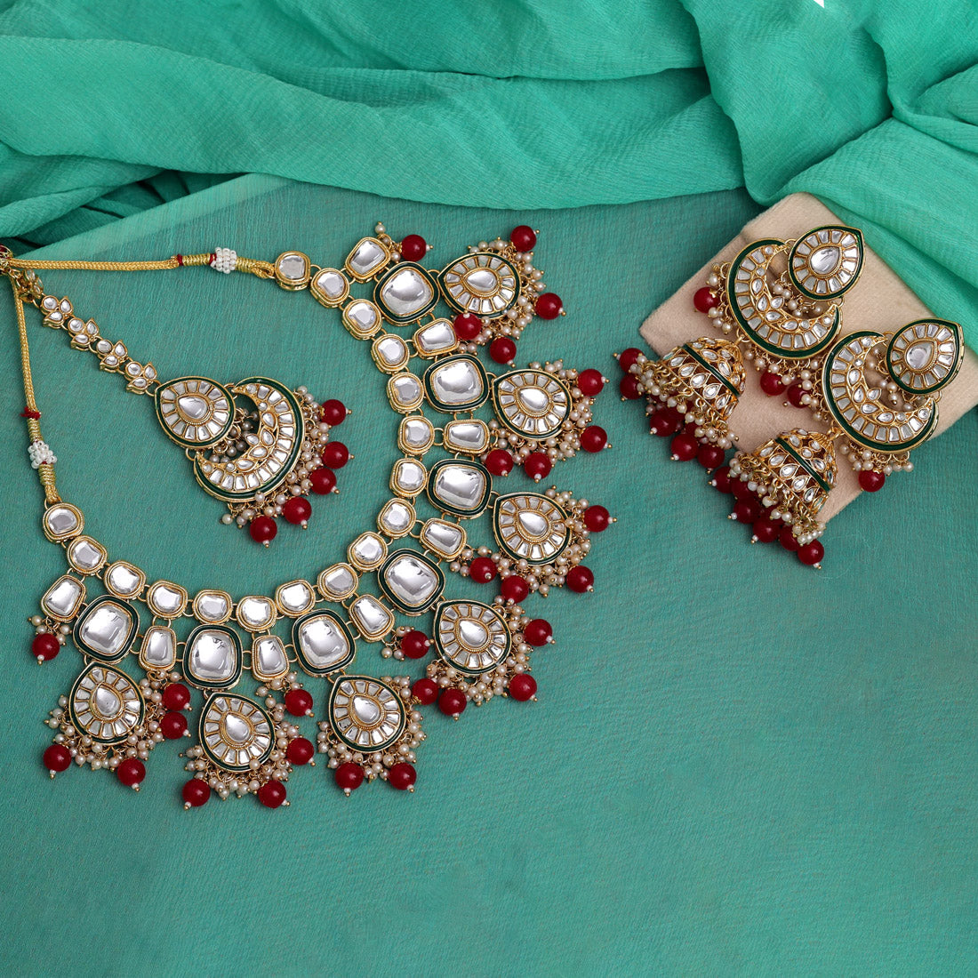 Red Color Kundan Necklace Set Jewellery GlitStudio