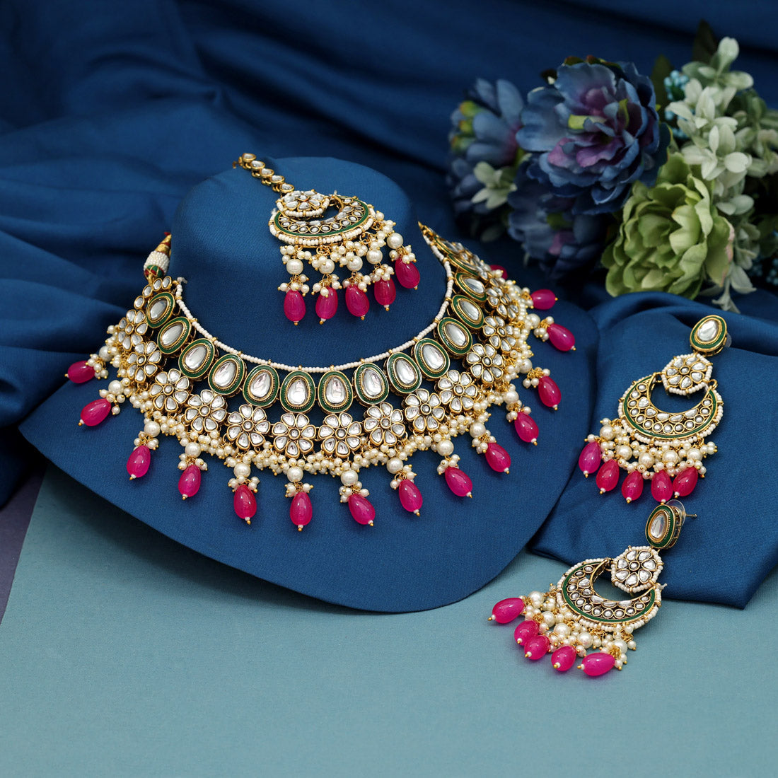 Dark Pink Color Meena Work Kundan Necklace Set (KN1391DPNK) Jewellery GetGlit   